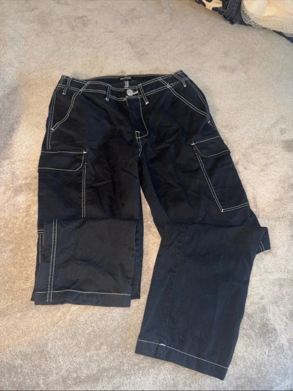 True Religion Black Cargo Pants with Contrast White Stitching